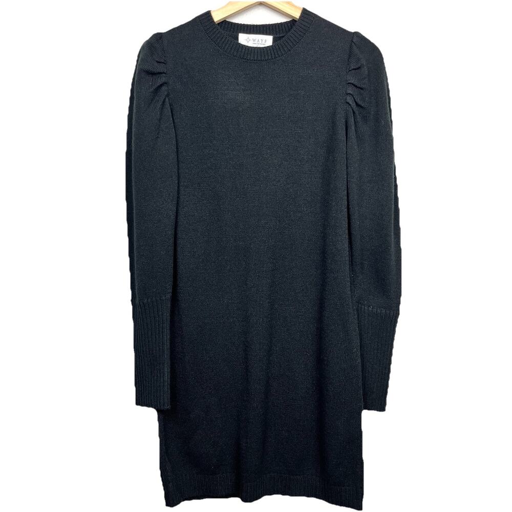 WAYF Women's Puff Sleeve Mock Neck Sweater Dress Black Small Coquette Minimalist